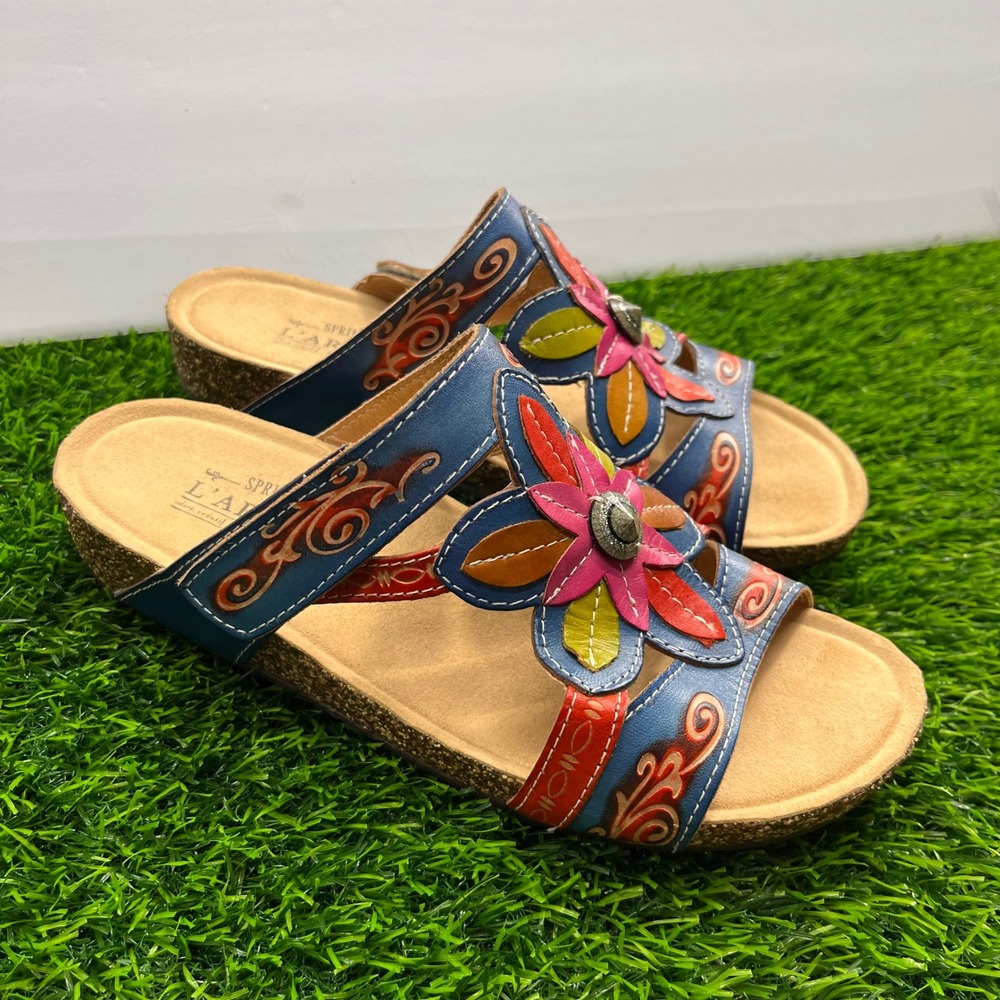 Spring Step L'Artiste Thrill Blue Multi Color Floral Leather Sandals Womens 40